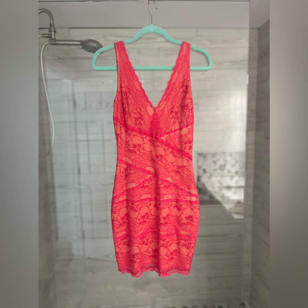Bebe Pink/Nude Lace Bodycon Dress